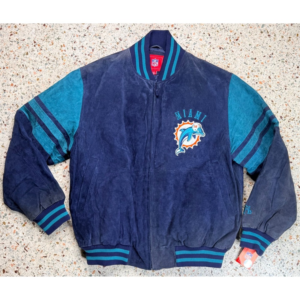 NFL G-III Vtg Miami Dolphins Embroidered Suede Varsity Jacket Size Medium